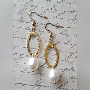 Handmade Hammered Oval Gold Drop Pearl Earrings